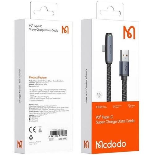 MCDODO CA-3340 KABL USB NA TIP-C UGAO 90', 6A 100W, Dužina 1,2m slika 2