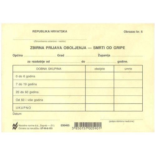 III-6-103 ZBIRNA PRIJAVA OBOLJENJA - SMRTI OD GRIPE (Obrazac 6); Kartica, 14,8 x 10,5 cm slika 2