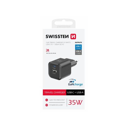 SWISSTEN punjač za AC220, GaN, 35W, 1xUSB-C, 1xUSB-A, 1A, crni slika 1