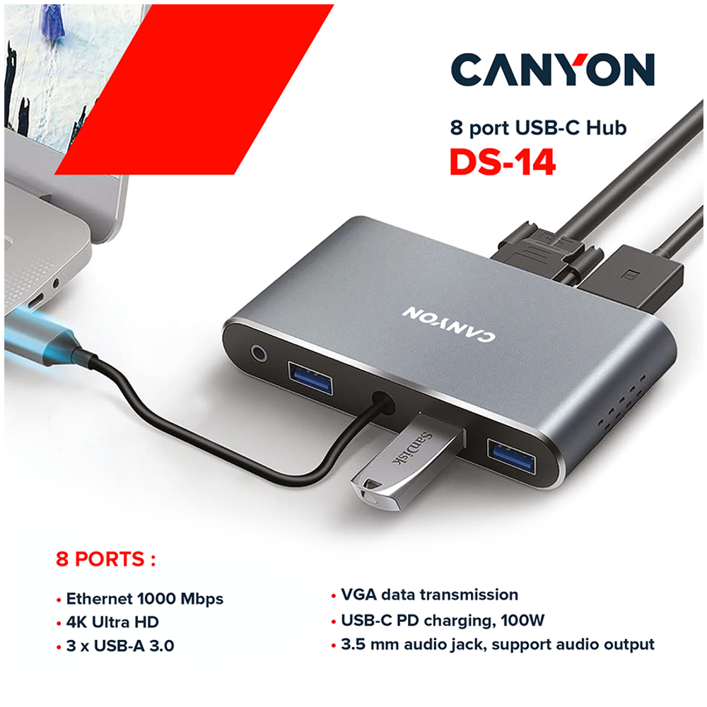 CANYON 8 u 1 USB-C Hub, Tamno siva slika 4