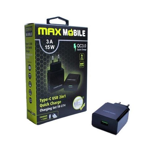 Maxmobile kućni punjač set 2u1 qc 3.0 quick charge usb+ type c, 3a,15w crni slika 1