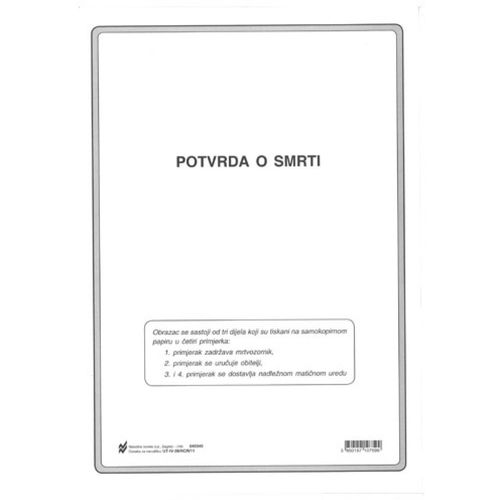 IV-28/NCR/11 POTVRDA O SMRTI; Komplet (omotni arak + set od tri kompleta po 4 NCR lista), 21 x 29,7 cm slika 1