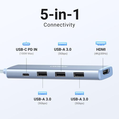 Ugreen Revodok USB-C Hub 5-u-1, 100W PD, plavi slika 2