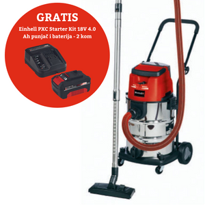 Einhell akumulatorski usisavač suho/mokro TE-VC 36/30 Li S-Solo +GRATIS GRATIS Einhell PXC Starter Kit 18V 4.0 Ah punjač i baterija - 2 kom