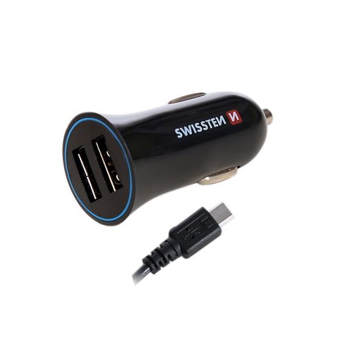 SWISSTEN punjač za auto, 2xUSB, 2.4A, crni + kabel za punjenje USB - USB-C slika 2