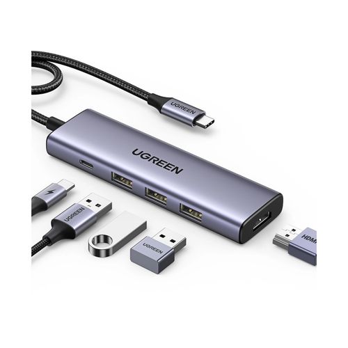 USB HUB UGREEN 5u1, USB-C, 3-portni, 3x USB-A, USB-C Power Delivery, HDMI 4K@30fps, sivi slika 1