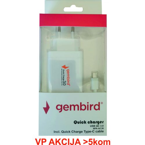 NPA-AC36 ** Gembird QC3.0 brzi punjac +Type C USB kabl,18W 3.6-6.5V/3A, 6.5V-9V/2A, 9V-12V/1.5A(351) slika 3