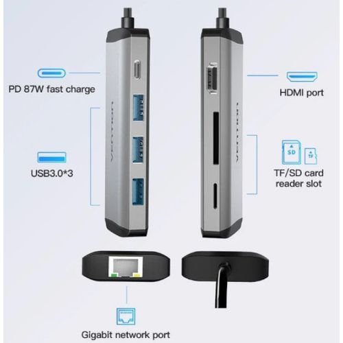 Docking station Vention CNDHB USB-C HDMI/3xUSB 3.0/PD 87W/RJ45/SD slika 2