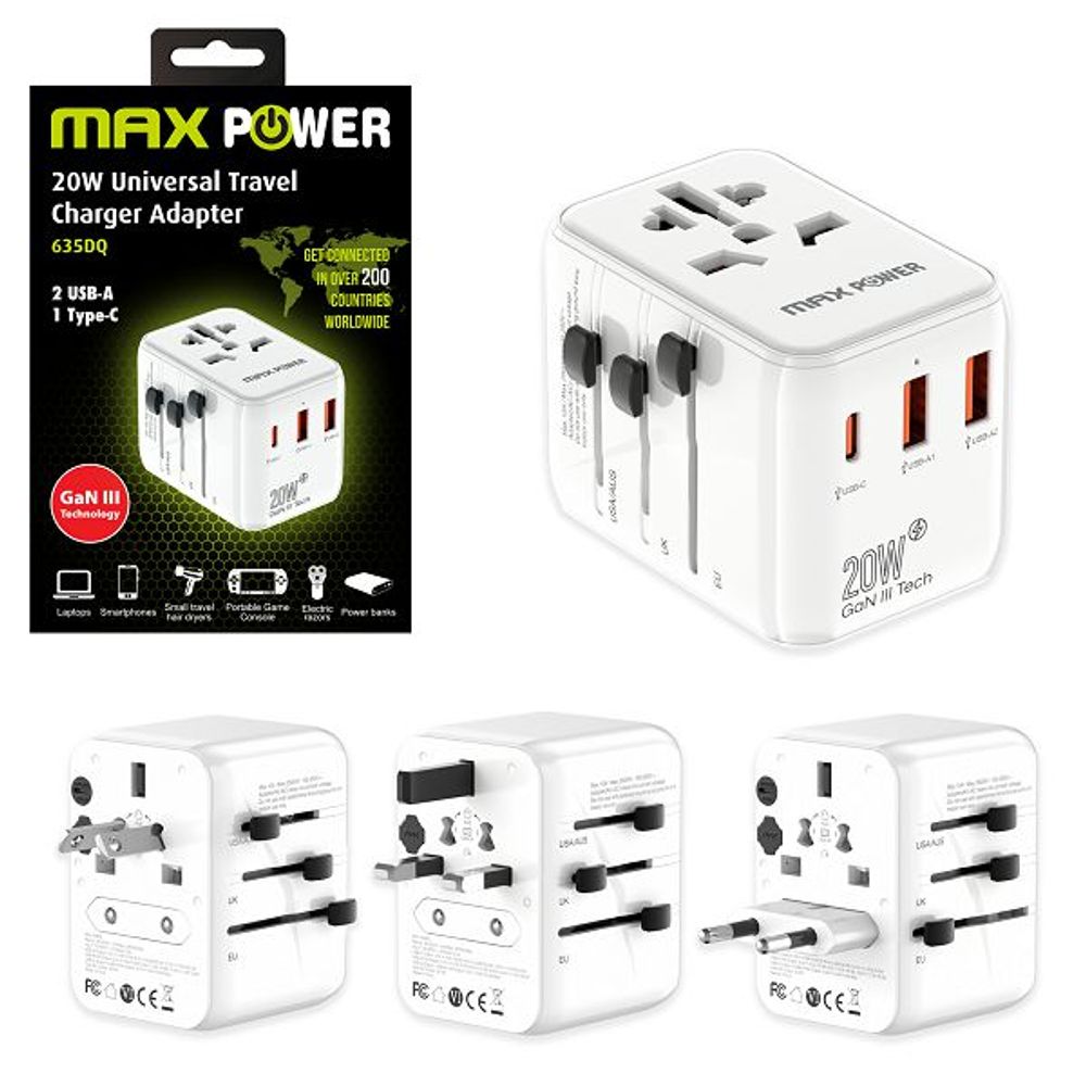 MAXPOWER ADAPTER PUTNI 635DQ Gan 1XPD Type C+2X USB A,20W BIJELI slika 1