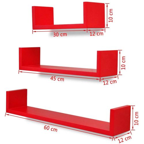 3 Crvene Zidne Police MDF U-oblik za Knjige/DVD-e slika 1