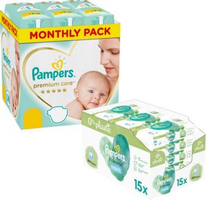 Pampers Premium Care mesečno pakovanje pelena + Pampers vlažne maramice Harmonie Aqua Plastic Free 15X48