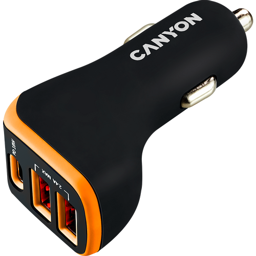 CANYON Universal 3xUSB car adapter, Input 12V-24V, Output DC USB-A 5V/2.4A(Max) + Type-C PD 18W, with Smart IC, Black+Orange with rubber coating, 71*39*26.2mm, 0.028kg slika 1