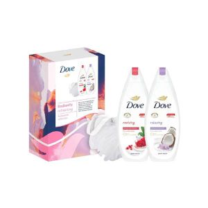 Dove Poklon set Radiantly Refresh Reviving shower gel 225 ml + shower gel Relaxing  225 ml + spužva