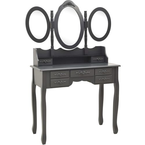 Toaletni stolić sa stolcem i trostrukim ogledalom sivi slika 12