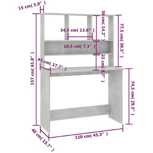 Radni stol s policama siva boja betona 110x45x157 cm iverica slika 35