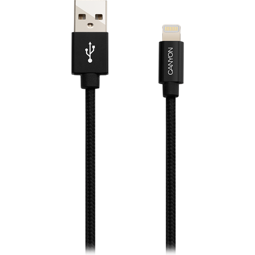 CANYON MFI-3 Charge &amp; Sync MFI braided cable with metalic shell, USB to lightning, certified by Apple, cable length 1m, OD2.8mm, Black slika 1