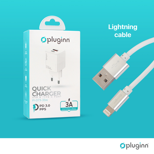 Kućni punjač Pluginn PI-D73-33w, QC3.0 PD3.0, PPS, USB-PD 20W+33W, 53W (total) sa PD iPhone lightning kablom beli slika 3