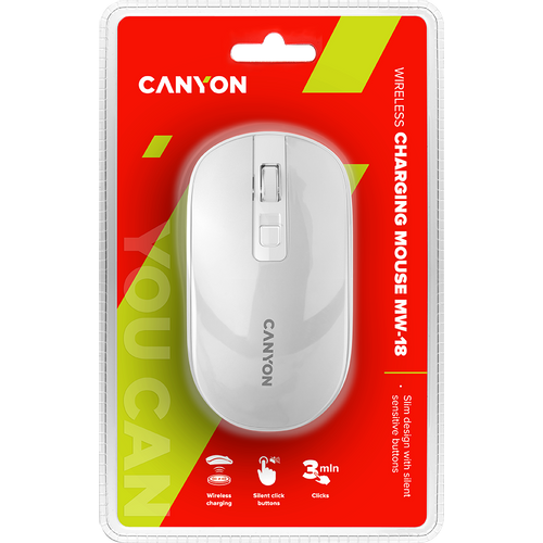 CANYON MW-18, 2.4GHz Wireless Rechargeable Mouse with Pixart sensor, 4keys, Silent switch for right/left keys,Add NTC DPI: 800/1200/1600, Max. usage 50 hours for one time full charged, 300mAh Li-poly battery, Pearl-White, cable length 0.6m, 116.4*63.3*32.3mm, 0.0 slika 5