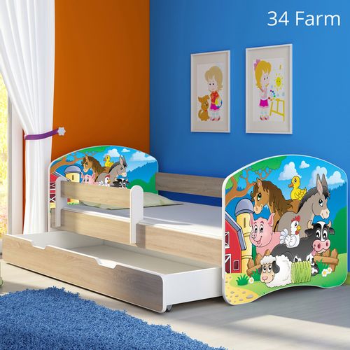 Dječji krevet ACMA s motivom, bočna sonoma + ladica 140x70 cm - 34 Farm slika 1