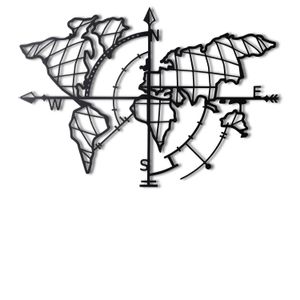 Wallity Zidna dekoracija WORLD, World Map Compass - Black