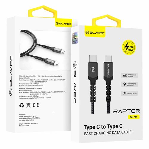 BLAVEC RAPTOR OPLETENI KABEL – TIP C DO TIP C – PD 60W 3A 50 cm – crni slika 1