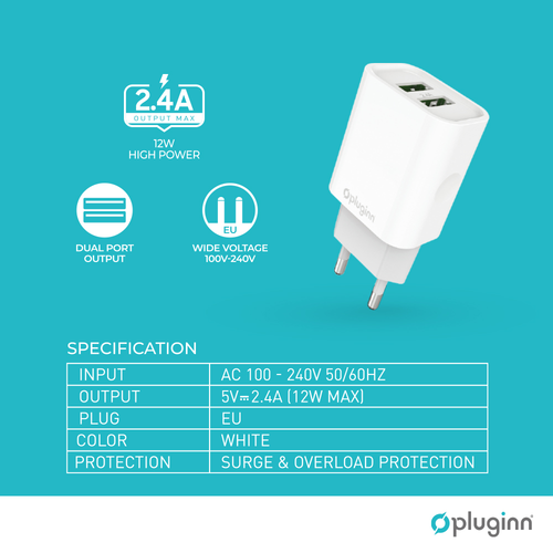 Kućni punjač Pluginn PI-D47, 5V, 2.4A, 12W 2xUSB beli slika 2