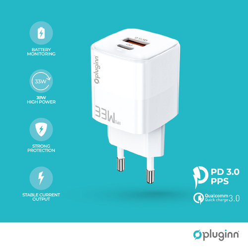 Kućni punjač Pluginn PI-D73-33w, QC3.0 PD3.0, PPS, USB-PD 20W+33W, 53W (total) sa PD iPhone lightning kablom beli slika 1