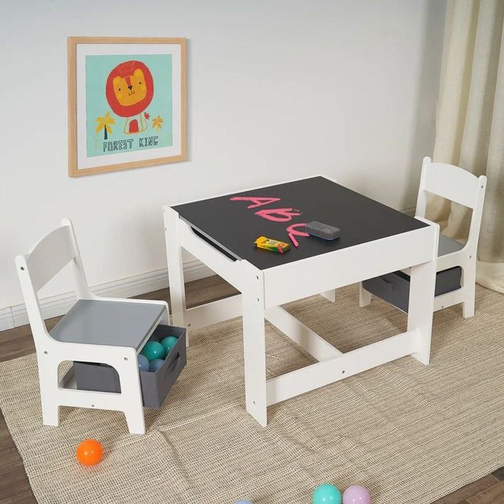 Kinder Home Drveni dječiji sto sa dvostranom pločom i dvije stolice, Bijeli/Sivi slika 1
