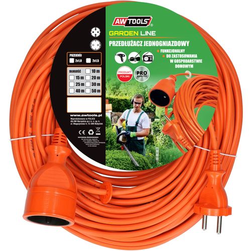 AWTools produžni kabel za vrt, jednostruki, 10m bez uzemljenja, 2x1,0mm, 10A, 230V, 2500W slika 1