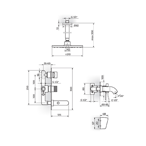 Rosan  S.2 BLACK Uzidna baterija sa izlivom i plafonskim tušem 210x210mm i ručnim tušem slika 2