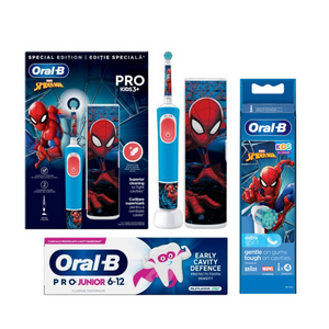 Oral-B Kids Spiderman set za dečiju higijenu zuba - Električna četkica sa kutijom + Zamenski nastavci + Pro Junior pasta za zube