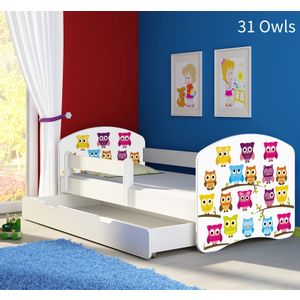 Dječji krevet ACMA s motivom, bočna bijela + ladica 140x70 cm 31-owls