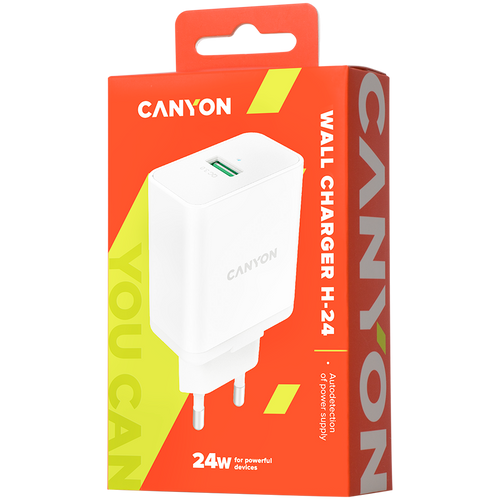 Canyon, Wall charger with 1*USB, QC3.0 24W, Input: 100V-240V, Output: DC 5V/3A,9V/2.67A,12V/2A, Eu plug, Over-load, over-heated, over-current and short circuit protection, CE, RoHS ,ERP. Size:89*46*26.5 mm,58g, White slika 4