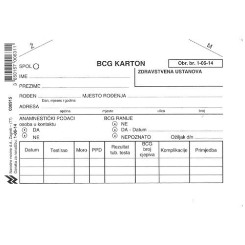 1-06-14 BCG KARTON; Karton, 14,8 x 10,5 cm slika 1