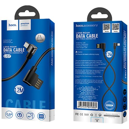 hoco. USB kabel za smartphone, USB type C, 90°, 1.2 met., crna - U37 Long Roam, USB type C, BK slika 3