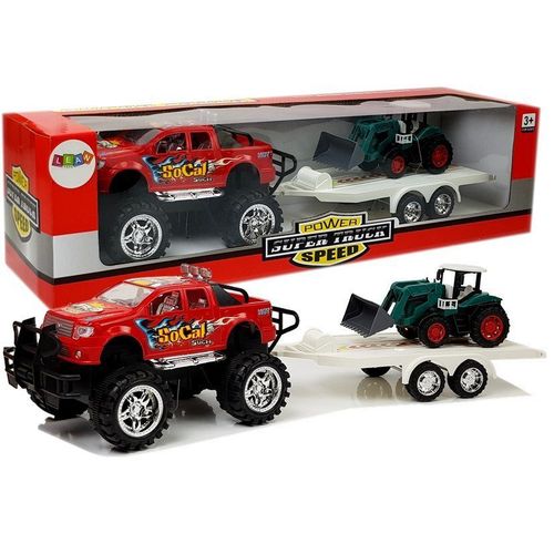 Set vozila Monster Truck s bagerom na prikolici crveno - zeleni slika 1