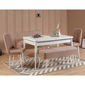 Vina 0900 - 4 - Bijeli, Stone White Stone Proširivi Trpezarijski Sto i Set Stolica (5 Komada)
