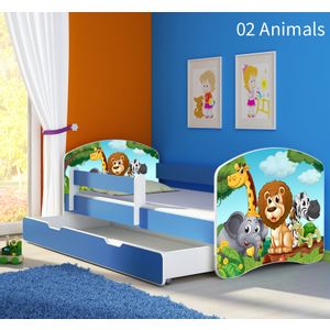 Dječji krevet ACMA s motivom, bočna plava + ladica 160x80 cm 02-animals