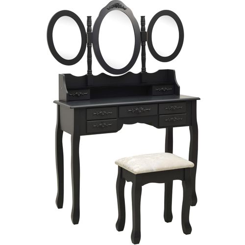 Toaletni stolić sa stolcem i trostrukim ogledalom crni slika 10