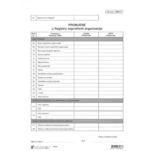 RNO-P PROMJENE U REGISTRU NEPROFITNIH ORGANIZACIJA; Komplet 2 lista, 21 x 29,7 cm slika 1