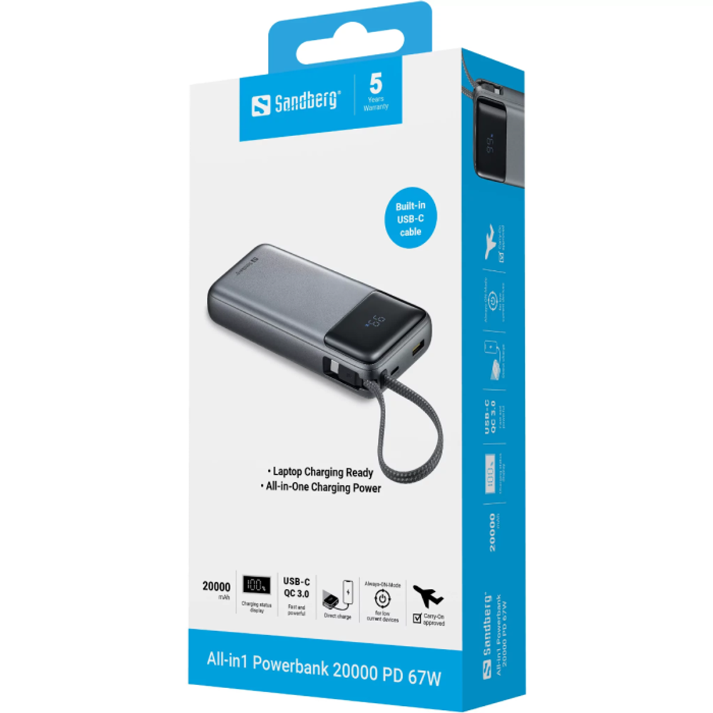 Sandberg All-in1 Powerbank 20000 PD 67W prijenosna baterija slika 6