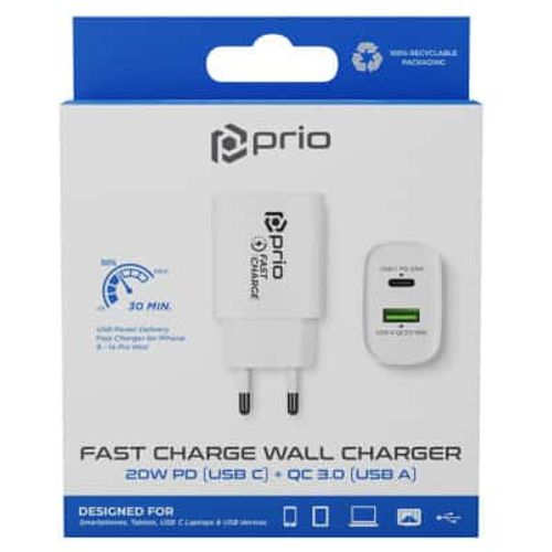 Prio Fast Charge zidni punjač 20W PD (USB C) + QC 3.0 (USB A) bijeli slika 4