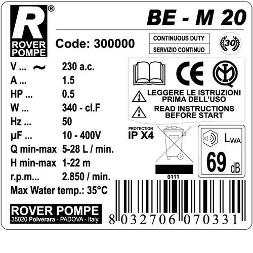 ROVER 20CE PROTOČNA PUMPA, 230V/50Hz/1700l/h/0,5KS slika 2