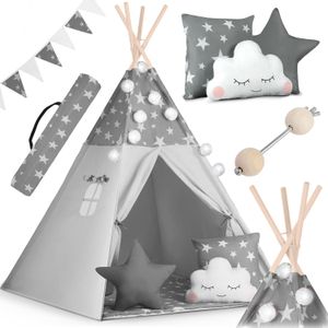 Teepee šator za djecu s girlandom i nukido svjetlima - sivi sa zvjezdicama