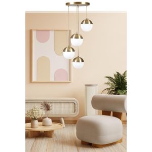 Eskitme Beyaz Camlı 4 Lü Tepsili Sarkıt - GoldWhite Chandelier