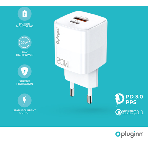Kućni punjač Pluginn PI-D73, QC3.0 PD3.0, PPS, USB-PD 18W+20W, 38W (total) sa PD iPhone lightning kablom beli slika 1