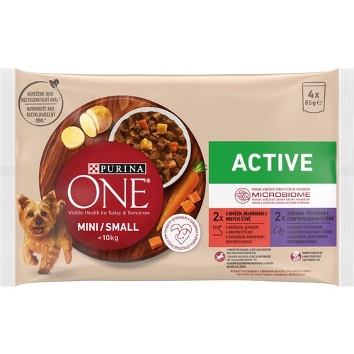 Purina ONE® Active (4x85g) s govedinom, krompirom i mrkvom u umaku s patkom, tjesteninom i mahunama u umaku slika 1