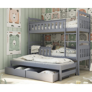 Drveni dječji krevet na sprat Harriet sa tri kreveta i ladicom - 190x90cm - Grafit siva