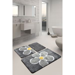 Flower - Grey Multicolor Acrylic Bathmat Set (3 Pieces)