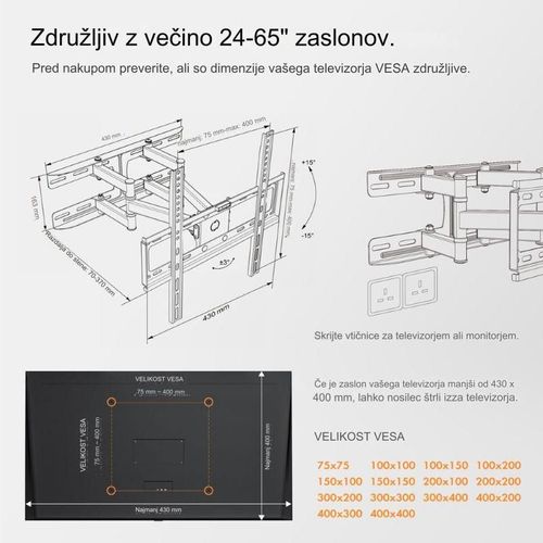 VonHaus zidni nosač za TV 23-56'' s nagibom, rotacijom i produžetkom do 45 kg slika 5